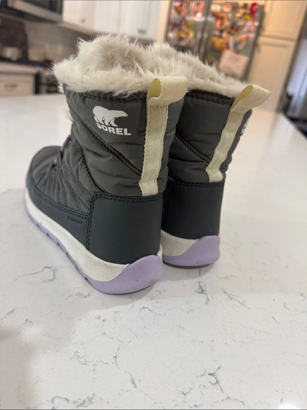 Sorel Kids Gray Winter Boots with Light Purple Accents